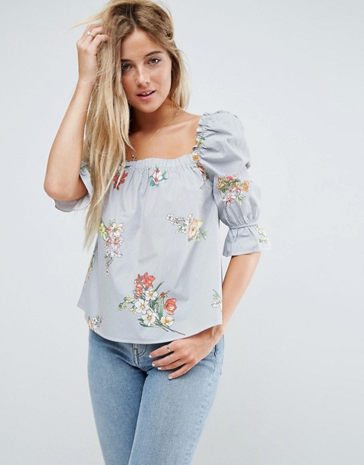 ASOS Cotton Puff Sleeve Top In Stripe Floral