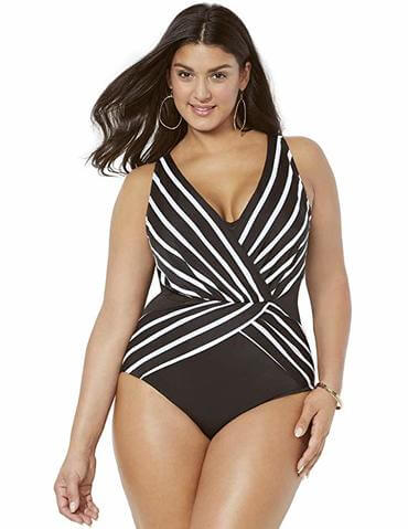 striped hourglass one piece for apple shaped plus size